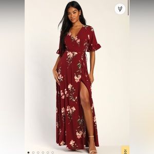 NWT Lulu’s September Sunsets Burgundy Floral Print Wrap Maxi Dress